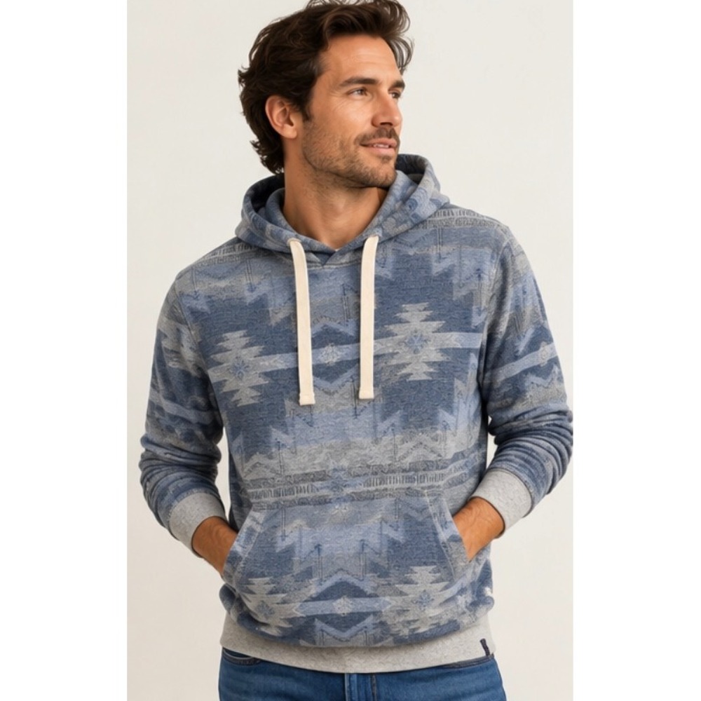 Faherty Blue Southwestern Aztec Blanket Hoodie Organic Cotton Pullover Med